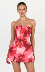 Lorena Playsuit - Strapless Fit And Flare Playsuit in Maila Red Floral Print