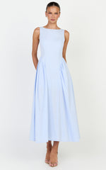 Casina Midi Dress - Boat Neck Tie Back Fit And Flare Dress in Blue