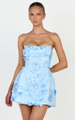 Delphine Mini Dress - Strapless Floral Embellished A Line Dress in Blue