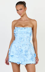 Delphine Mini Dress - Strapless Floral Embellished A Line Dress in Blue