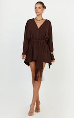 Ariette Mini Dress - Plunge Neck Fringe Detail Belt Dress in Chocolate