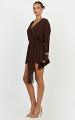 Ariette Mini Dress - Plunge Neck Fringe Detail Belt Dress in Chocolate