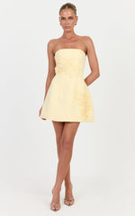 Moana Mini Dress - Strapless Floral Embellished Structured Dress in Butter Yellow