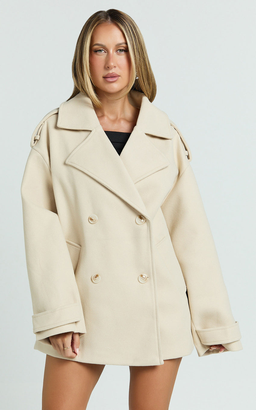 Adriana Coat - Double Breasted Short Wool Like Coat in Cream