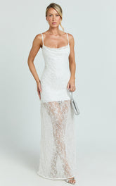 Alana Maxi Dress - Lace Sequin Cowl Neck Dress in White