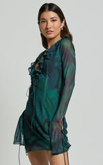 Alesya Mini Dress - Ruffle Plunge Neck Long Sleeve Tie Detail Dress in Moss Adeana