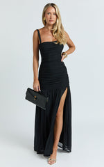 Cardi Maxi Dress - Ruched Mesh High Leg Split Dress in Black