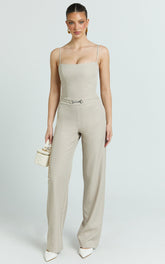 Charlize Pants - Stretch Slim Leg Front Buckle Pants in Stone