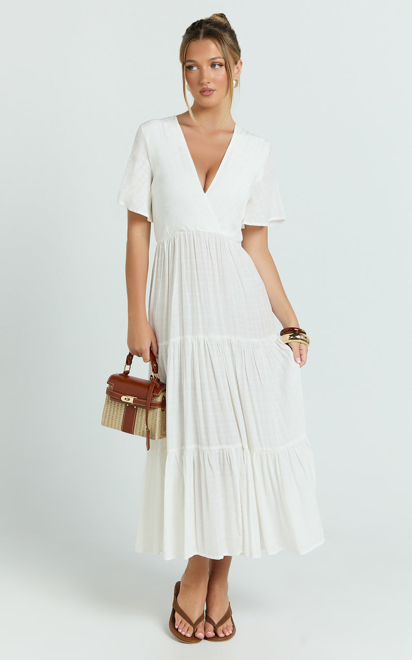 Cryzel Midi Dress - Flutter Sleeve Tiered Dress in White