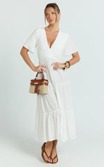 Cryzel Midi Dress - Flutter Sleeve Tiered Dress in White