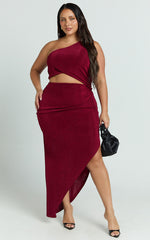 Kala Midi Dress - One Shoulder Cut Out Side Split Dress in Wine