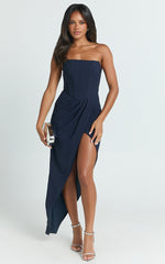 Daniella Maxi Dress - Strapless Corset Draped Asymmetrical Dress in Navy