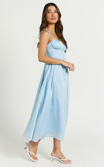 Dolores Midi Dress - Strappy Ruched Bust Corset Waist Dress in Blue