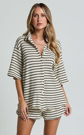Dylan Two Piece Set - Striped Waffle Shirt and Short Set in Black & Cream Stripe