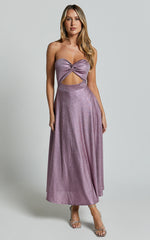Effie Midi Dress - Strapless Twist Front Metallic Dress in Pink