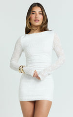 Eira Mini Dress - Lace High Neck Bodycon Dress in Off White
