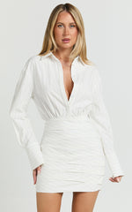 Elliot Mini Dress - Long Sleeve Pinstripe Shirt Dress in White Stripe