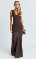 Frances Maxi Dress - Contrast U Neck Godet A Line Dress in Chocolate
