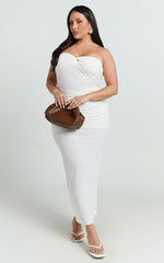 Francine Midi Dress - Strapless Twist Sheer Textured Jersey Dress in Cream