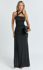 Ginny Maxi Dress - Asymmetric Neck Waist Tie Dress in Black