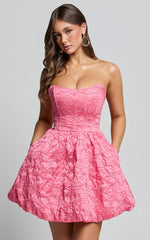 Inez Mini Dress - Jacquard Strapless Bubble Hem Dress in Pink