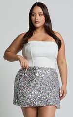 Ingrid Mini Skirt - Sequin Skirt in Rainbow Silver