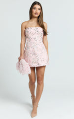 Jayden Mini Dress - Strapless A Line Dress in Pink Floral