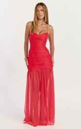 Jett Maxi Dress - Halter Tie Ruched Bodice Side Split Dress in Red
