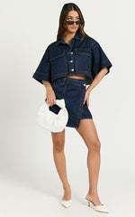 Katherine Mini Skirt - Cross Front Recycled Denim Skirt in Dark Blue Wash