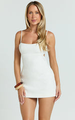 Lillith Mini Linen Blend Dress - Scoop Neck Tie Back Dress in Off White