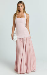 Loretta Maxi Dress - Contrast Halter Neck Pleated Dress in Pink