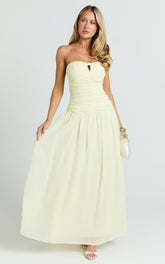 Mercy Midi Dress - Ruched Strapless Dress in Butter