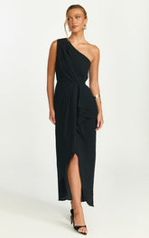 Namaari Midi Dress - Faux Wrap One Shoulder Dress in Black