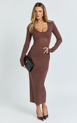 Odessa Midi Dress - U Neck Long Fitted Sleeve Sheer Waist Fitted Knit Dress in Chocolate