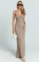 Odette Maxi Dress - Scoop Neck A Line Dress in Mocha
