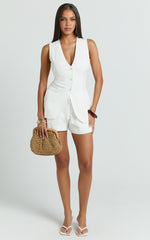 Olivia Top - Longline Linen V Neck Back Tie Vest Top in White