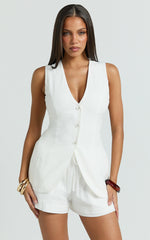 Olivia Top - Longline Linen V Neck Back Tie Vest Top in White