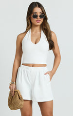 Peony Shorts - High Waist Gathered A Line Elastic Waist Shorts in White