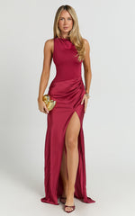 Pepper Maxi Dress - High Neck Bodysuit with Draped Skirt in Cherry