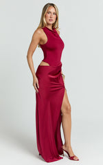 Pepper Maxi Dress - High Neck Bodysuit with Draped Skirt in Cherry