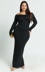 Rani Maxi Dress - Off Shoulder Long Sleeve Bodycon Dress in Black