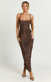 Roma Midi Dress - Ruched Cowl Neck Dress in Chocolate Lurex