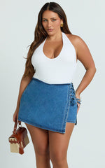 Ronnie Skort - Mid Waist Lace Up Denim Skort in Dark Blue Wash