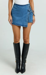 Ronnie Skort - Mid Waist Lace Up Denim Skort in Dark Blue Wash