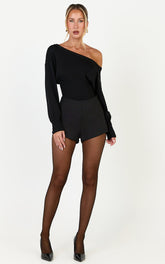 Sienna Top - Asymmetrical Neckline Long Sleeve Knit Top in Black
