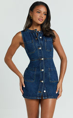 Stephanie Mini Dress - Scoop Neck Pocket Detail Recycled Denim Dress in Indigo Wash