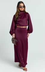 Tessie Two Piece Set - Long Sleeve Hight Neck Top and Maxi Skirt Set in Wine