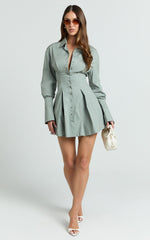 Yasmina Mini Dress - Button Front Long Sleeve Fit And Flare Dress in Sage