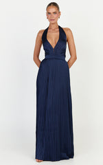 Kayla Maxi Dress - Plunge Neckline Pleated Halter Dress in Navy