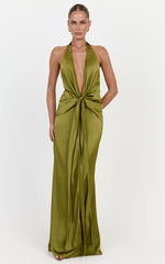 Raven Maxi Dress - Deep V Neck Tie Front Satin Dress in Olive